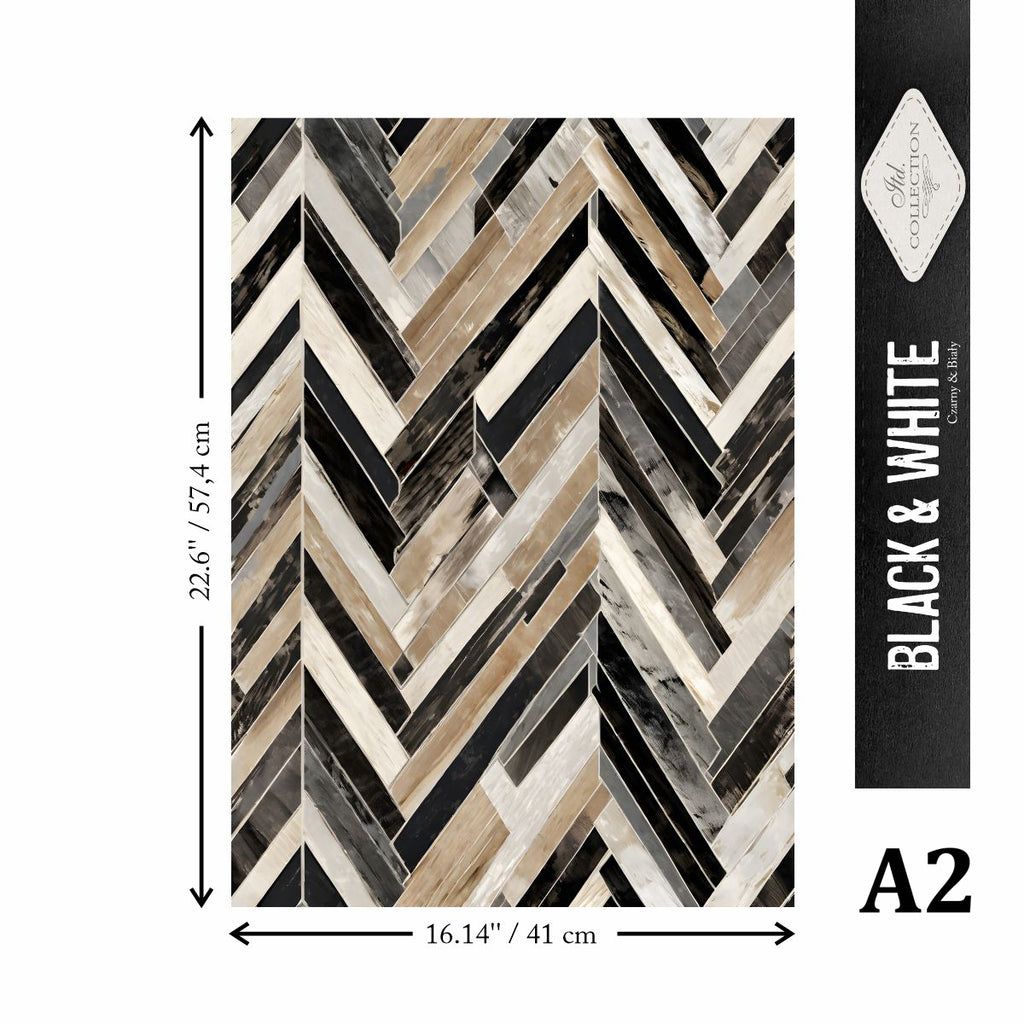 Patterned paper with black, white, and beige colors, showing dimensions and brand name.