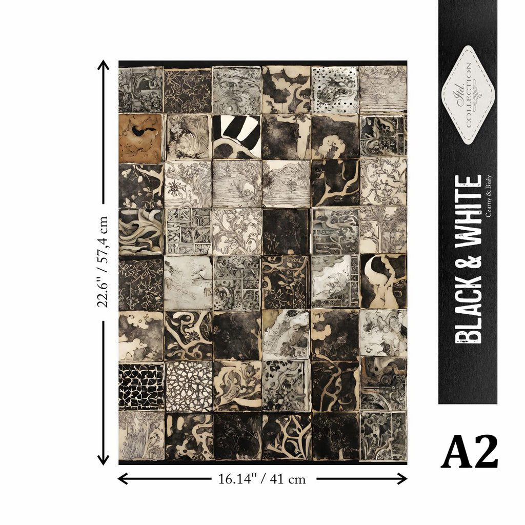Decorative wall art with black and white pattern, dimensions, and brand name displayed.
