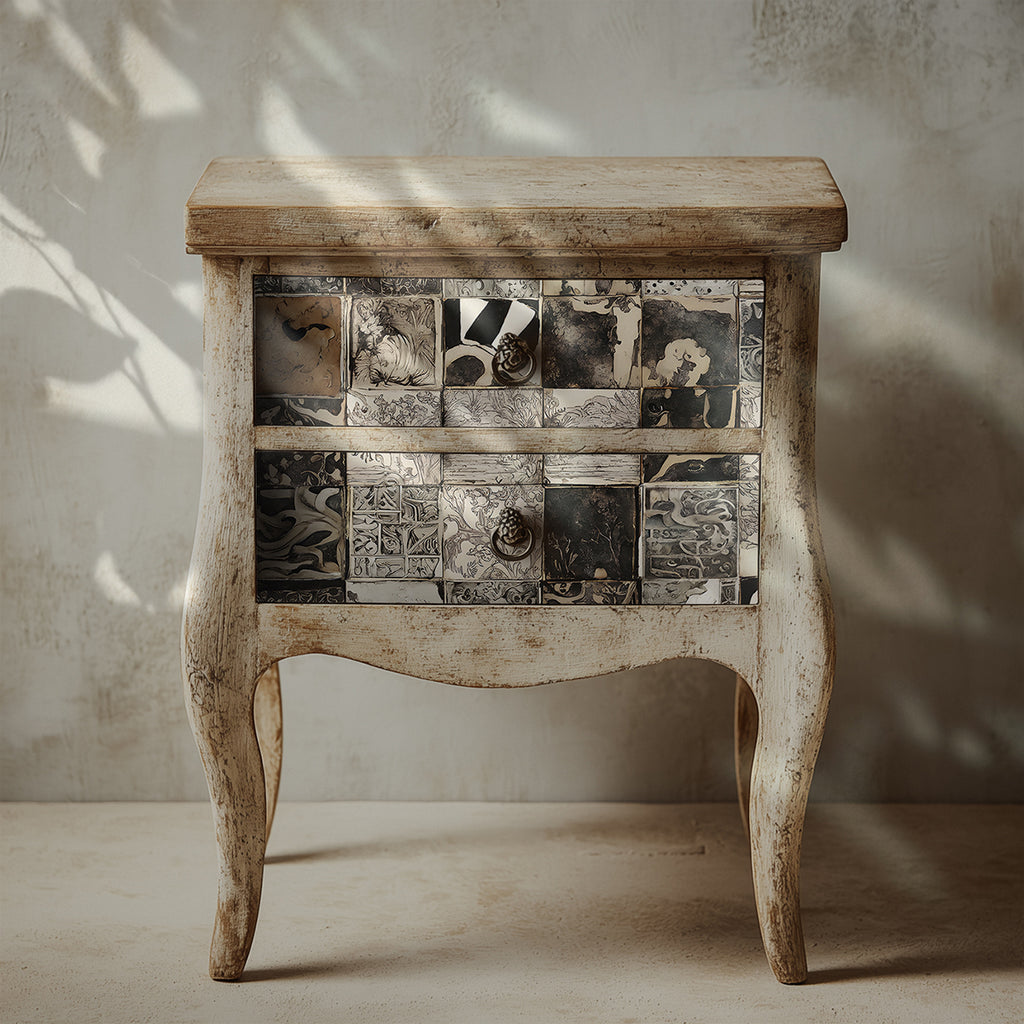 Wooden side table with mosaic pattern against a neutral wall