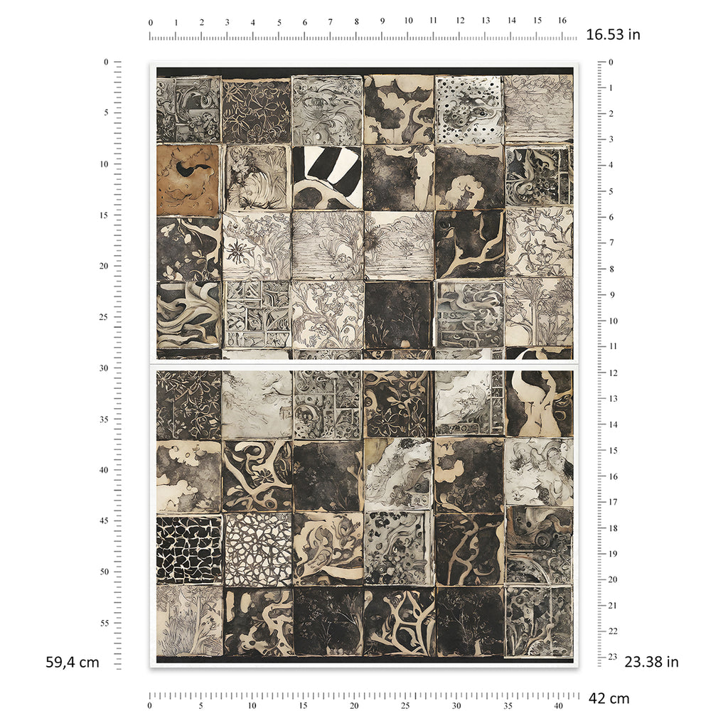 Patterned decoupage paper with a ruler for scale on a white background