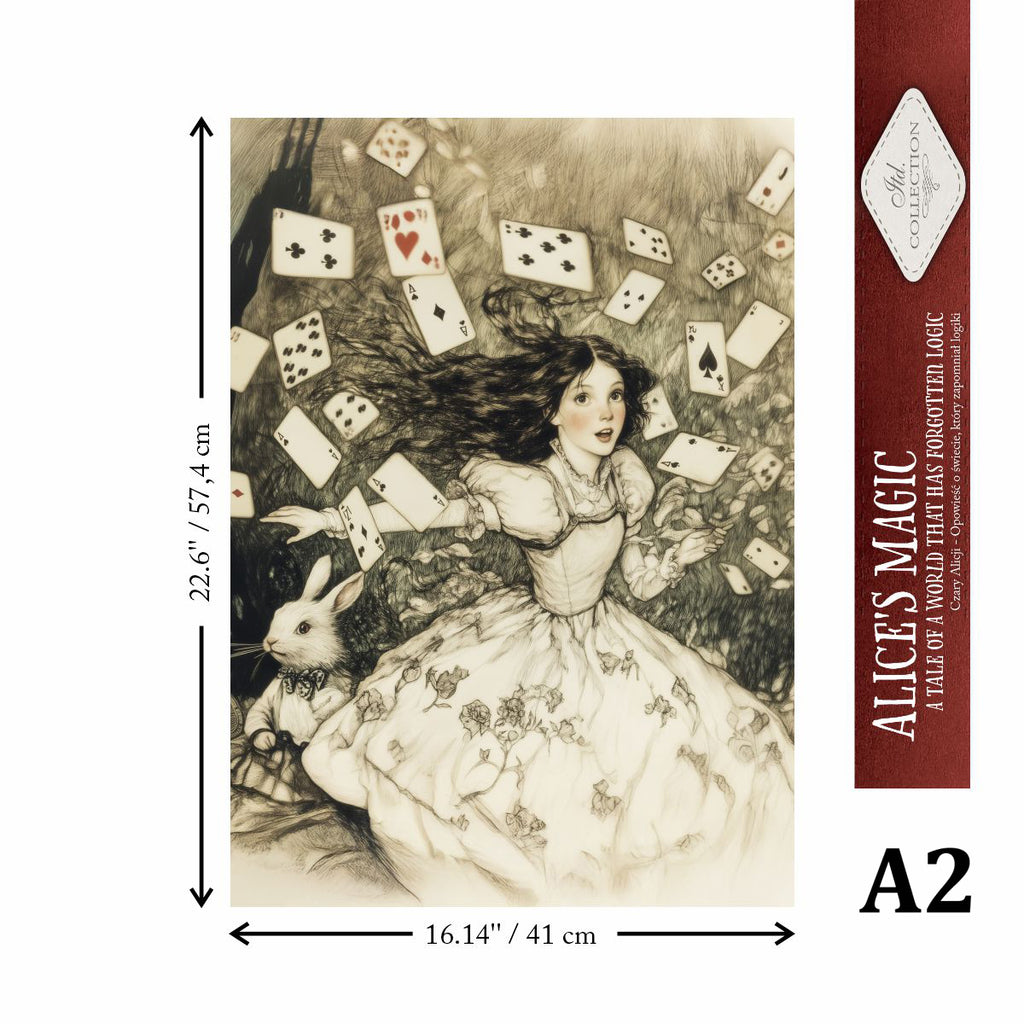 Illustration of a girl in a white dress with playing cards and a rabbit, labeled 'Alice's Magic'.