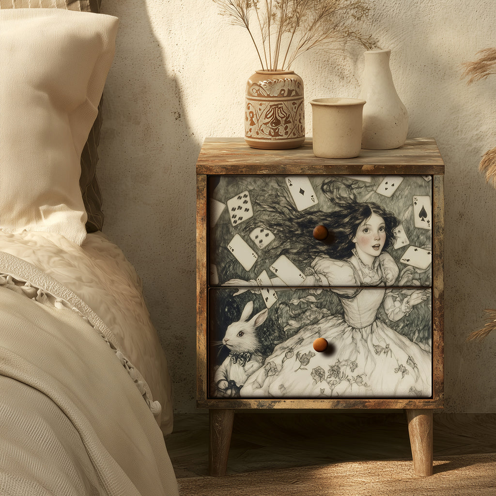Wooden nightstand with decorative drawer featuring illustrations of a girl, rabbit, and playing cards in a bedroom setting.