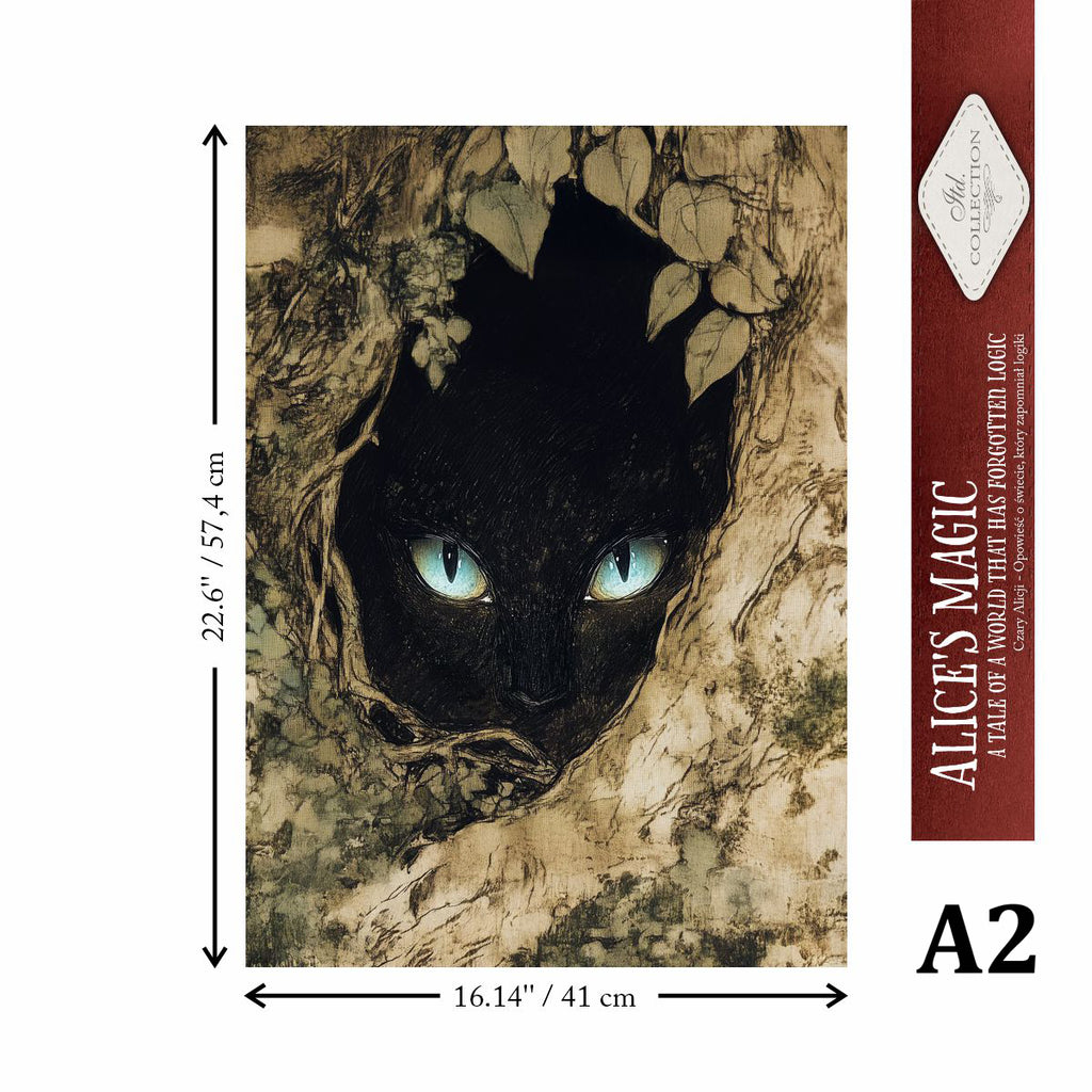 Poster of a black cat peering through foliage with dimensions and 'Alice's Magic' branding.