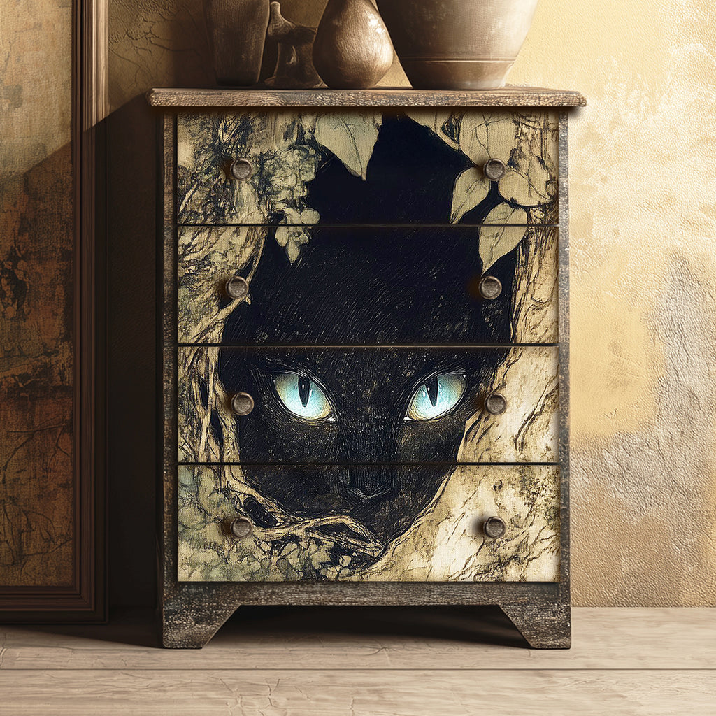 Decorative chest of drawers with a black cat design on a neutral background