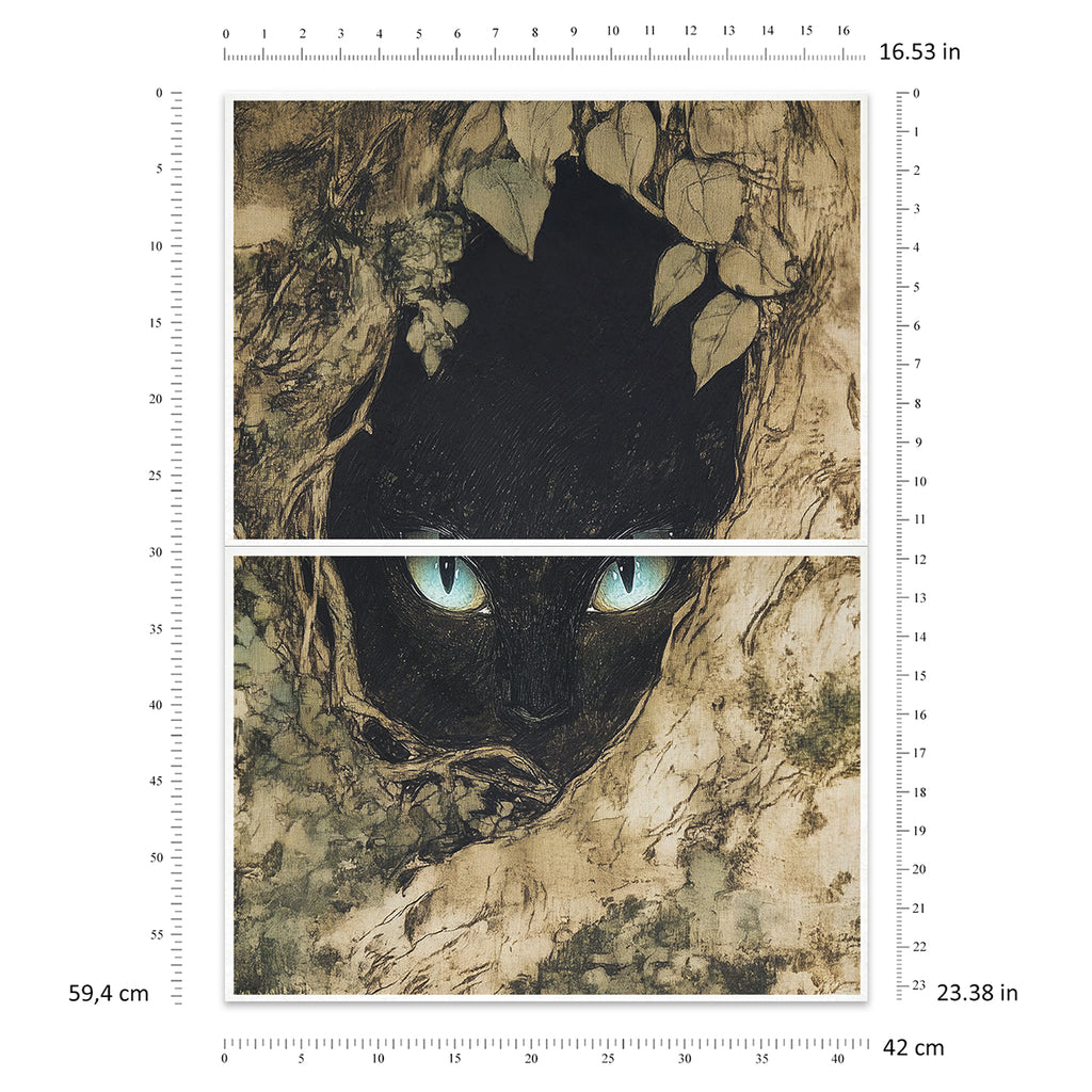 Illustration of a black cat peeking from behind leaves with measurement scale on the sides.