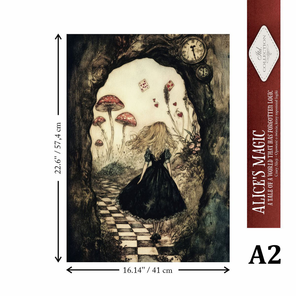 Alice in wonderland walking down a path with mushrooms and a clock.