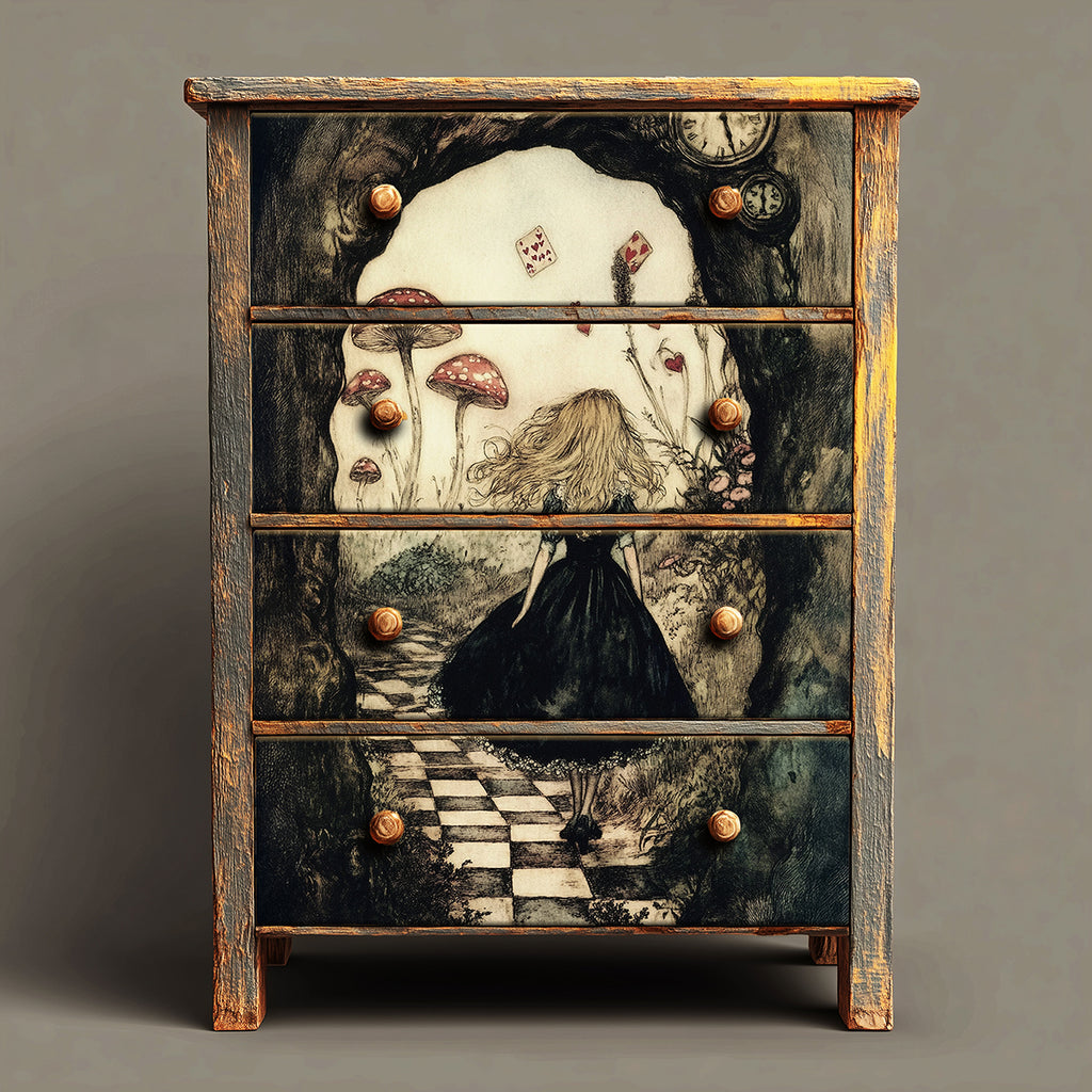 Alice in wonderland walking down a path with mushrooms and a clock.