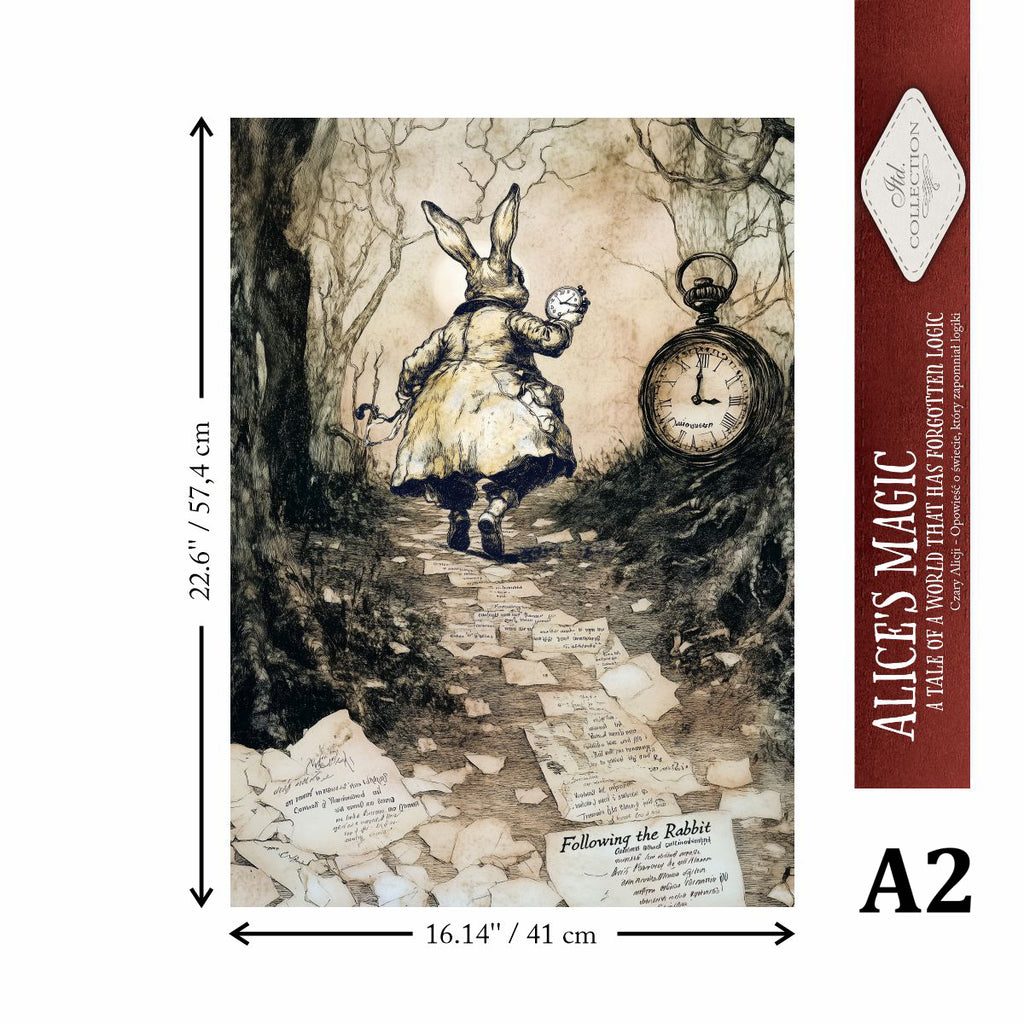 Alice in Wonderland rabbit and clock scene on decoupage rice paper