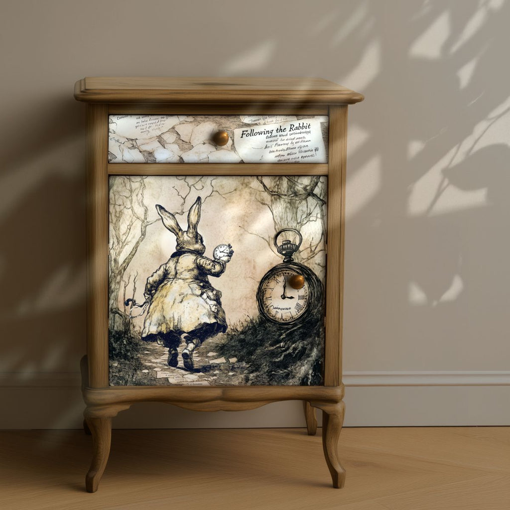 Alice in Wonderland rabbit and clock scene on decoupage rice paper