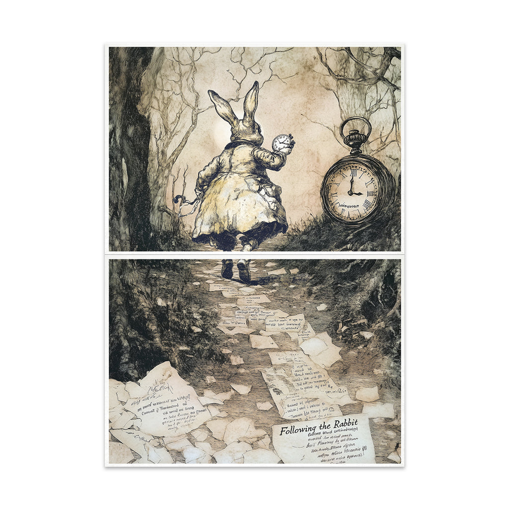 Alice in Wonderland rabbit and clock scene on decoupage rice paper