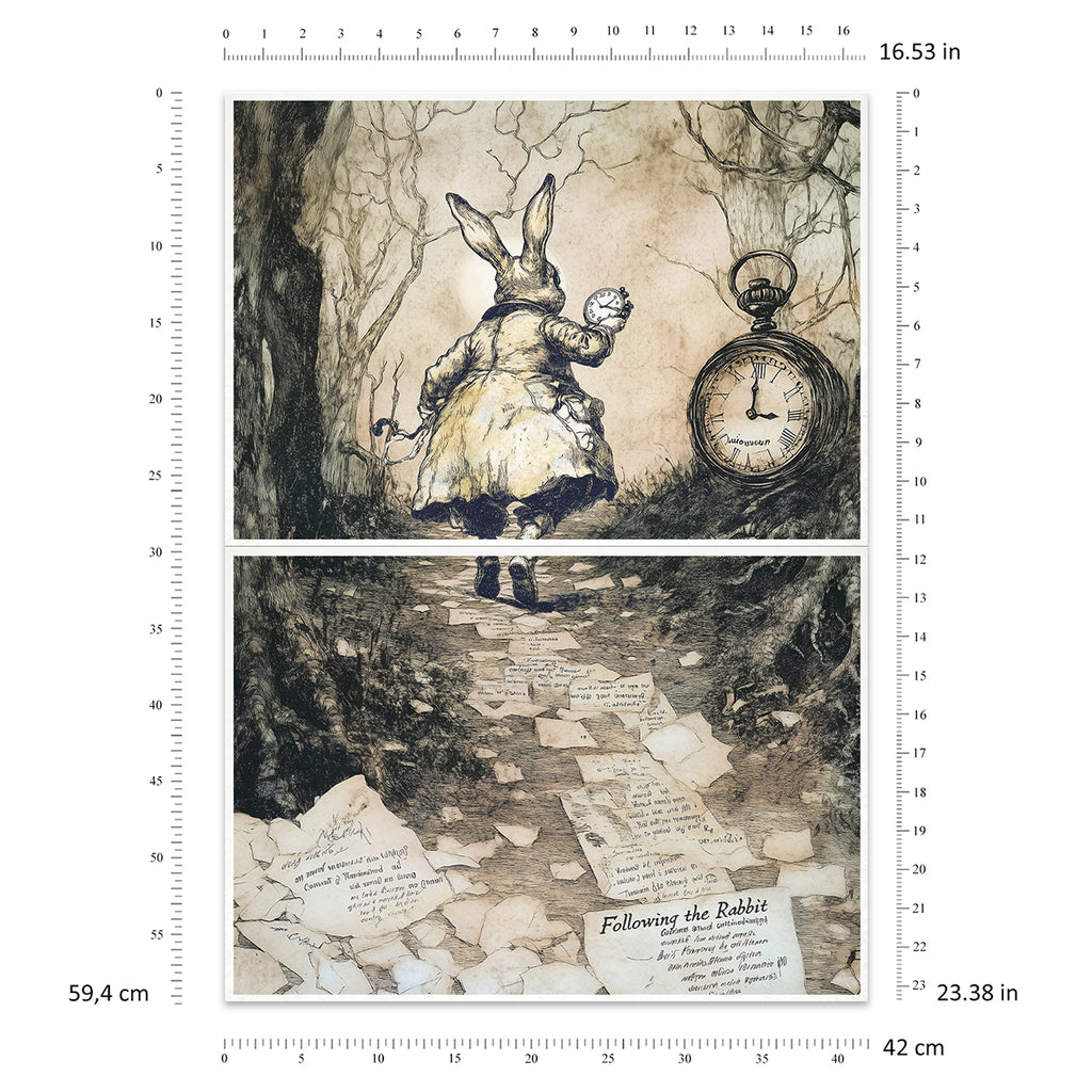 Alice in Wonderland rabbit and clock scene on decoupage rice paper