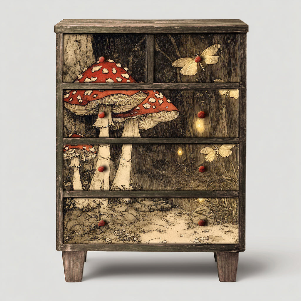Wooden dresser with mushroom and butterfly design on a white background