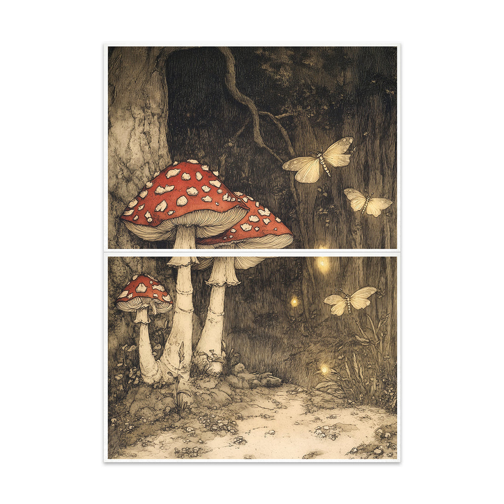 Woodland scene with red mushrooms, butterflies, and a tree on a white background