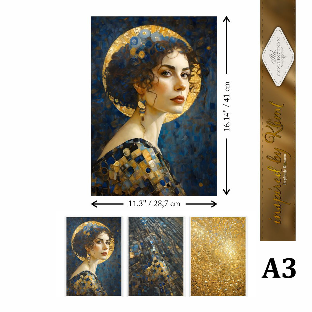 Artistic depiction of a woman with decorative elements, including measurements and brand name.