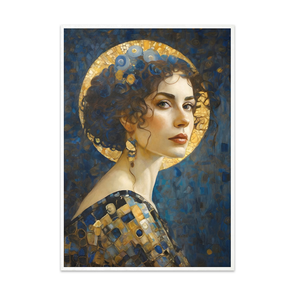 Artistic portrait with a decorative halo against a blue background