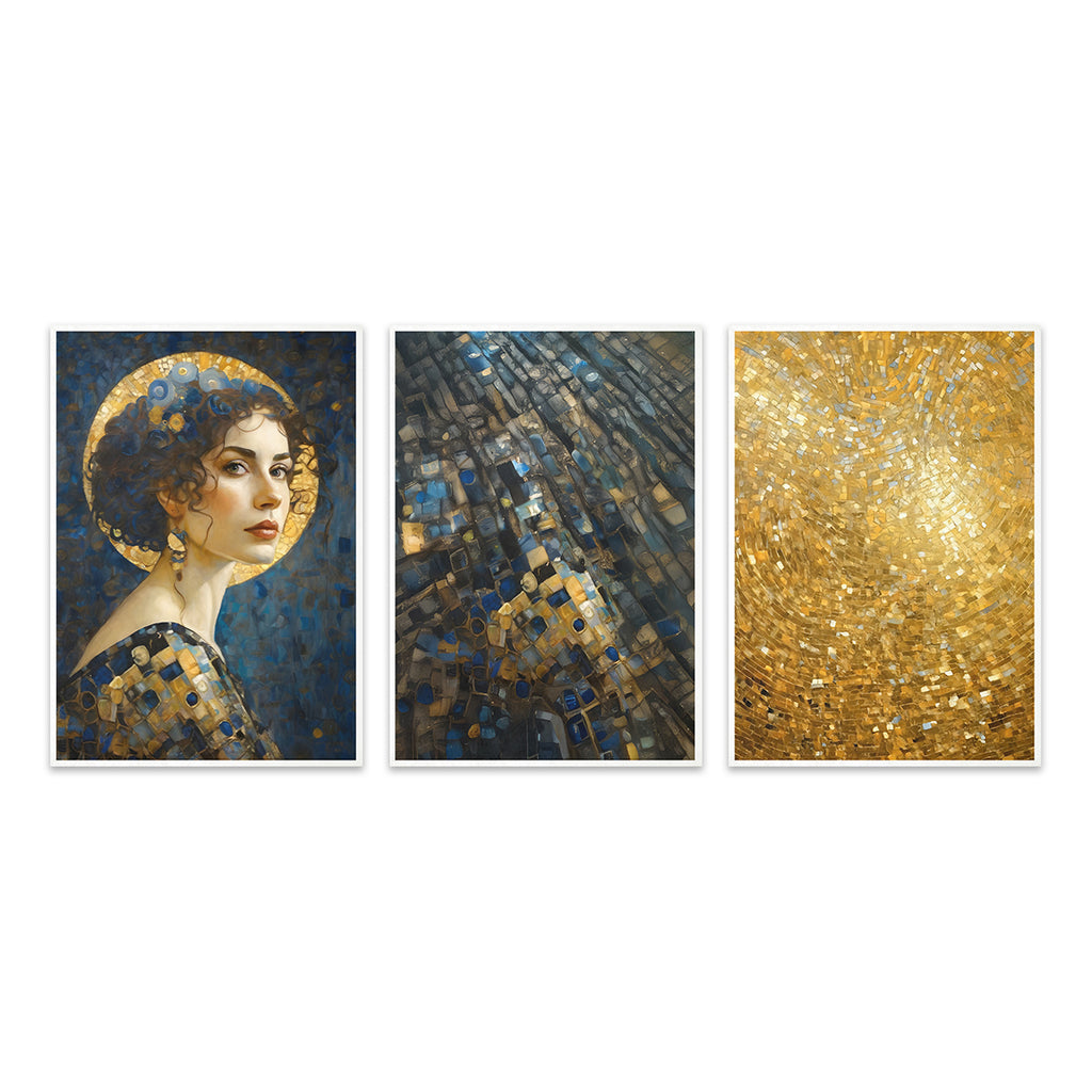 Three artistic portraits in a mosaic style on a white background