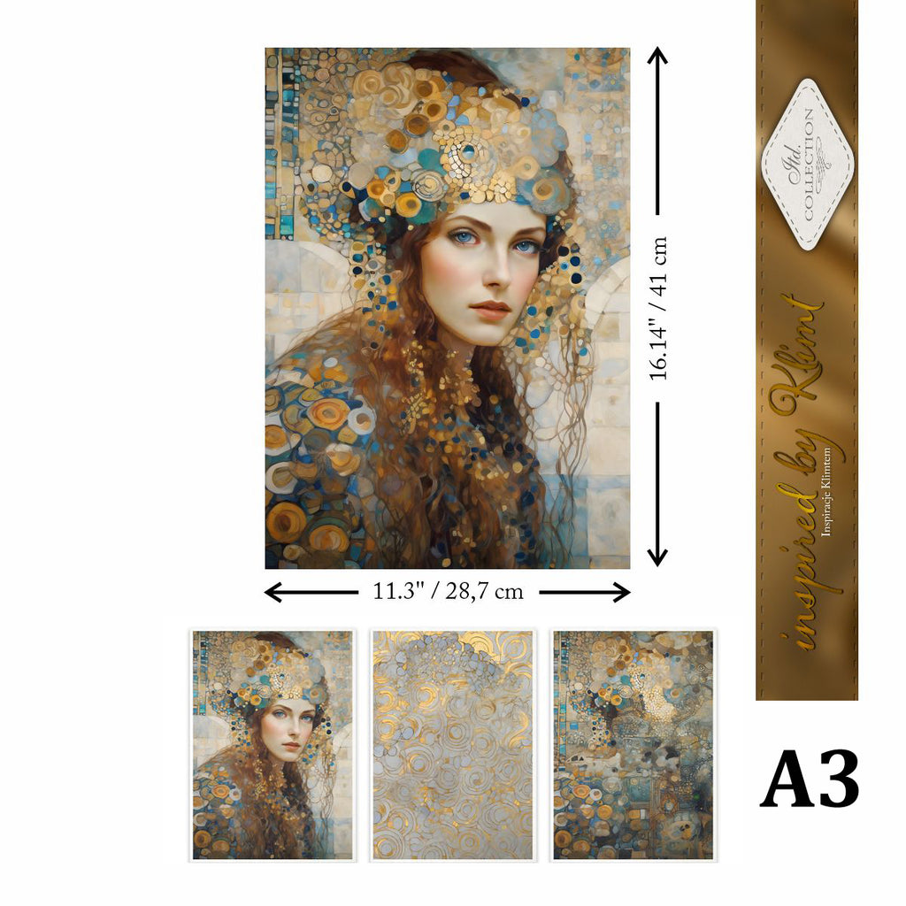 Decoupage rice paper set woman in gilded headdress.