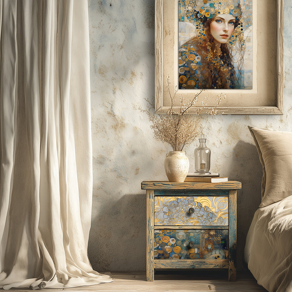 Decoupage rice paper set woman in gilded headdress.