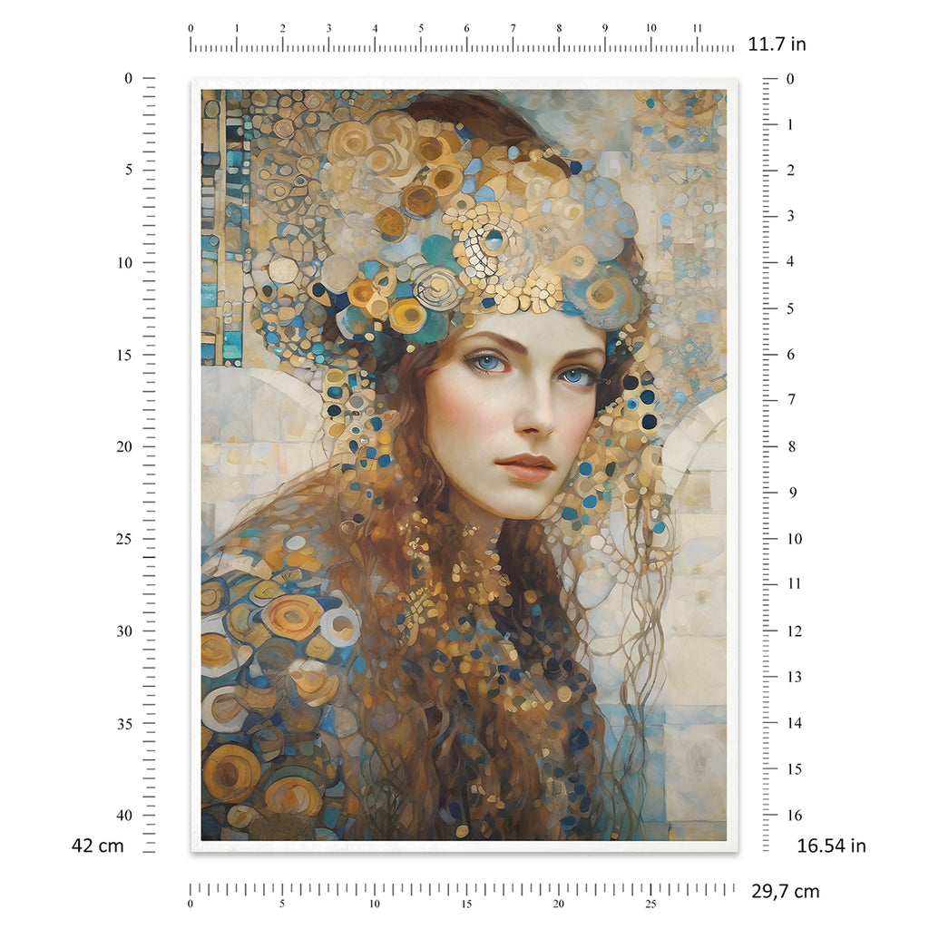 Decoupage rice paper set woman in gilded headdress.