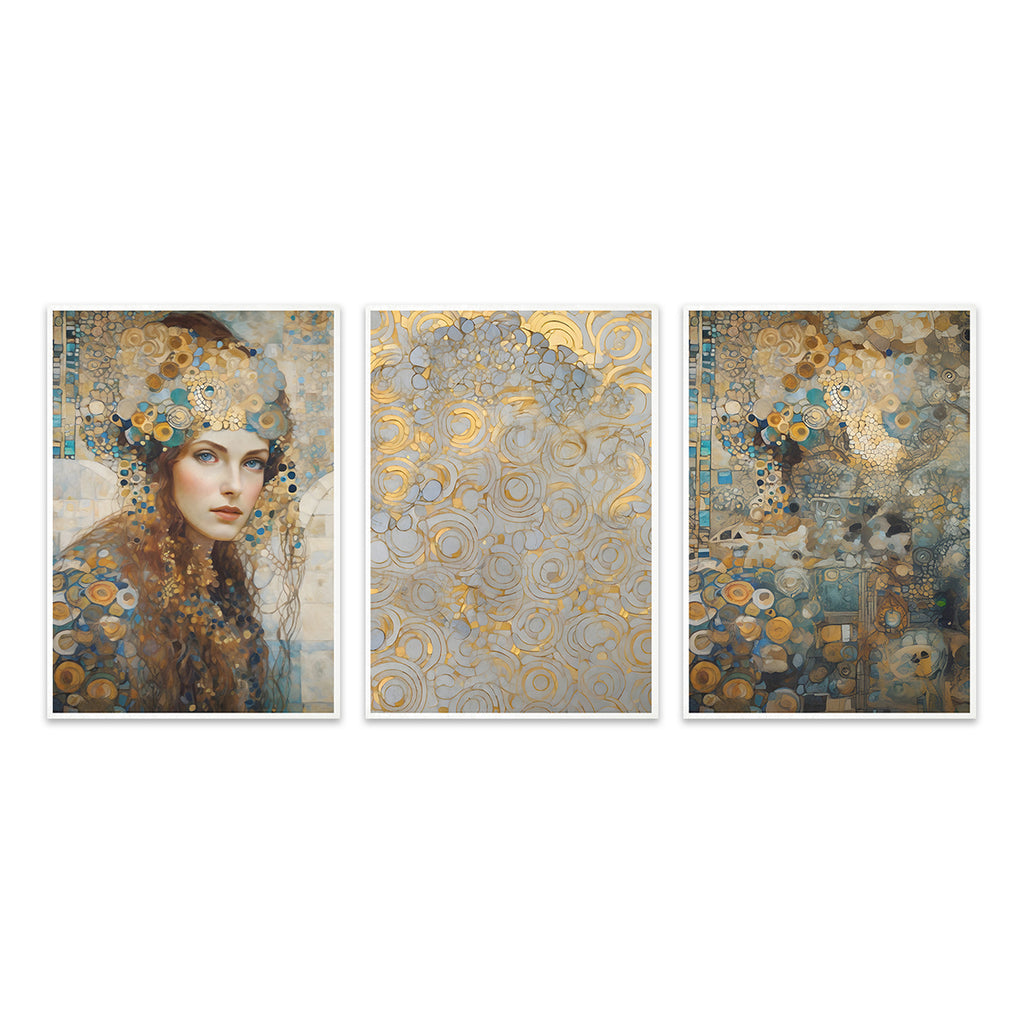 Decoupage rice paper with circular golden gilded design and woman in gold headdress