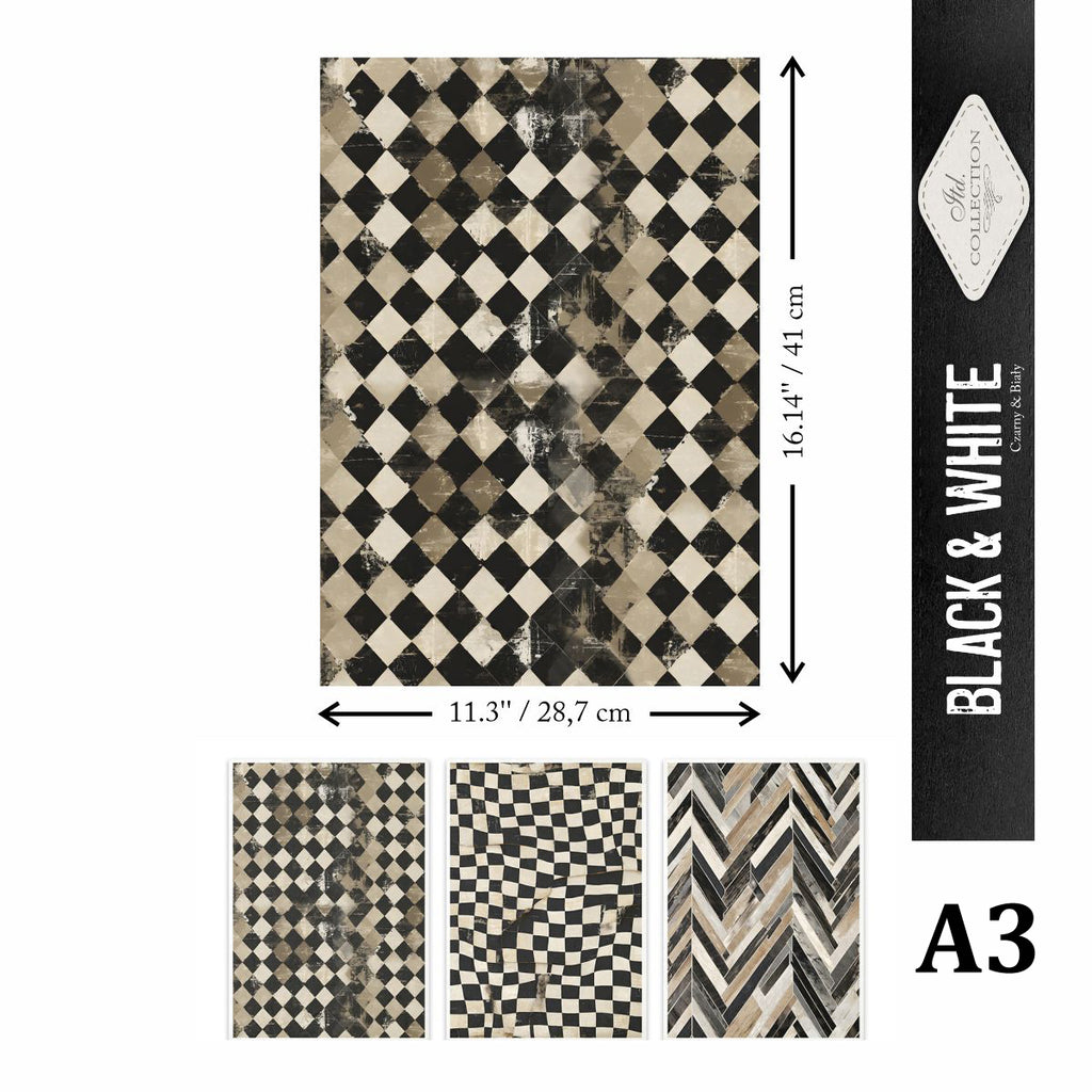 Black and white Harlequin patterned decoupage rice paper by ITD Collection