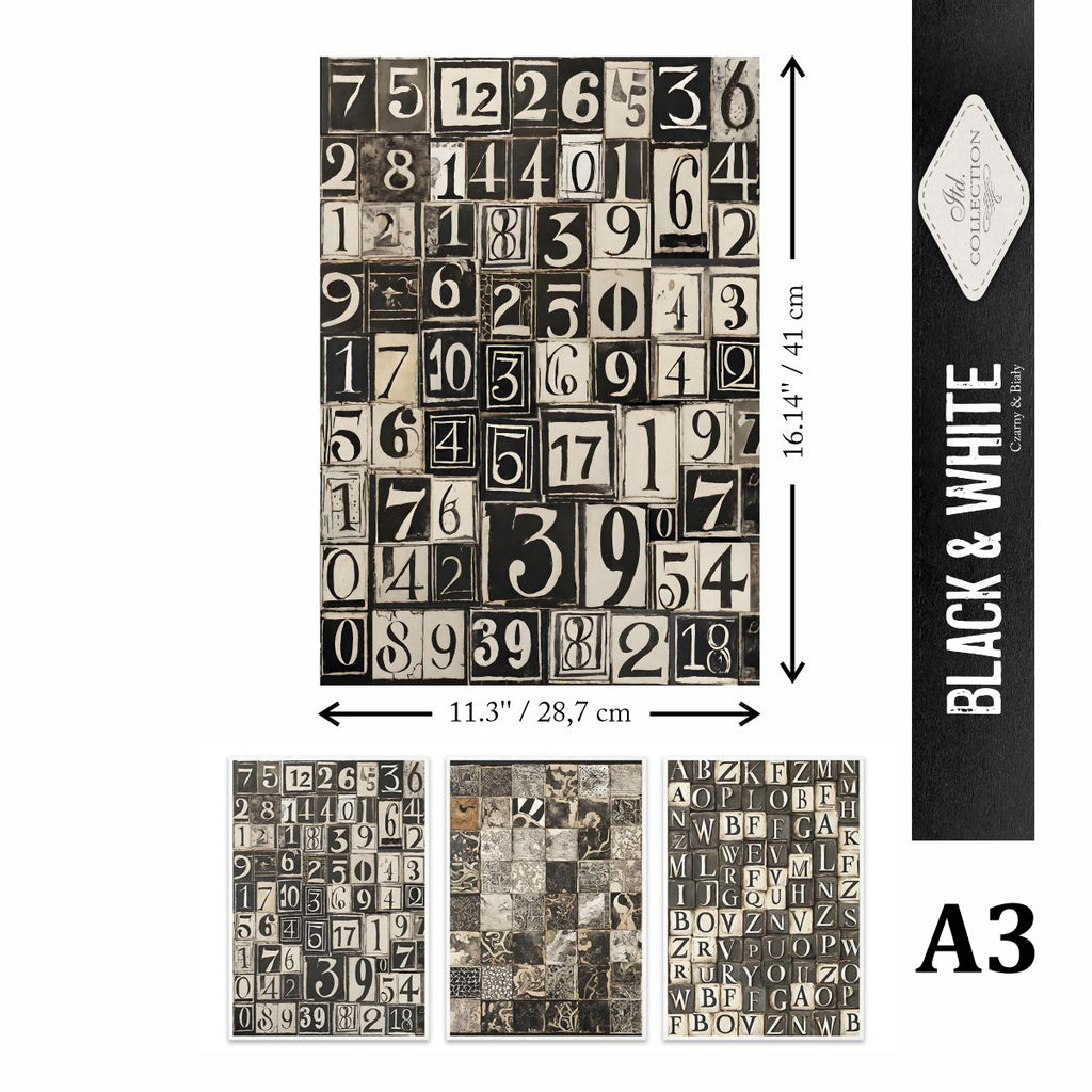 Black and White alphabet letters in small squares on Decoupage Rice Paper.