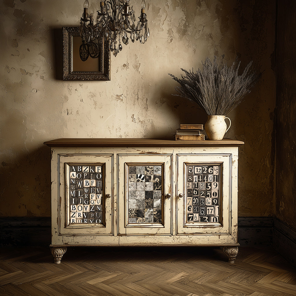 Black and White alphabet letters in small squares on Decoupage Rice Paper.