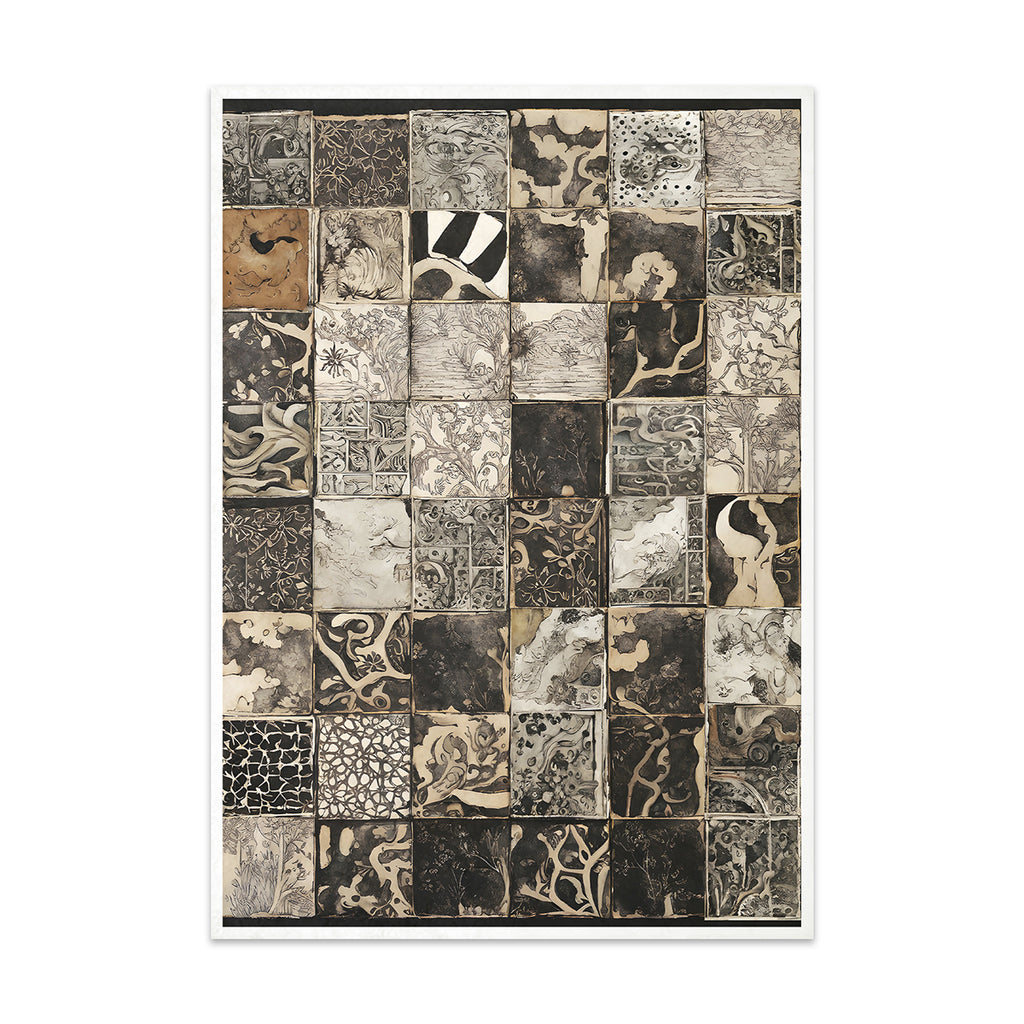 Black and White alphabet letters in small squares on Decoupage Rice Paper.