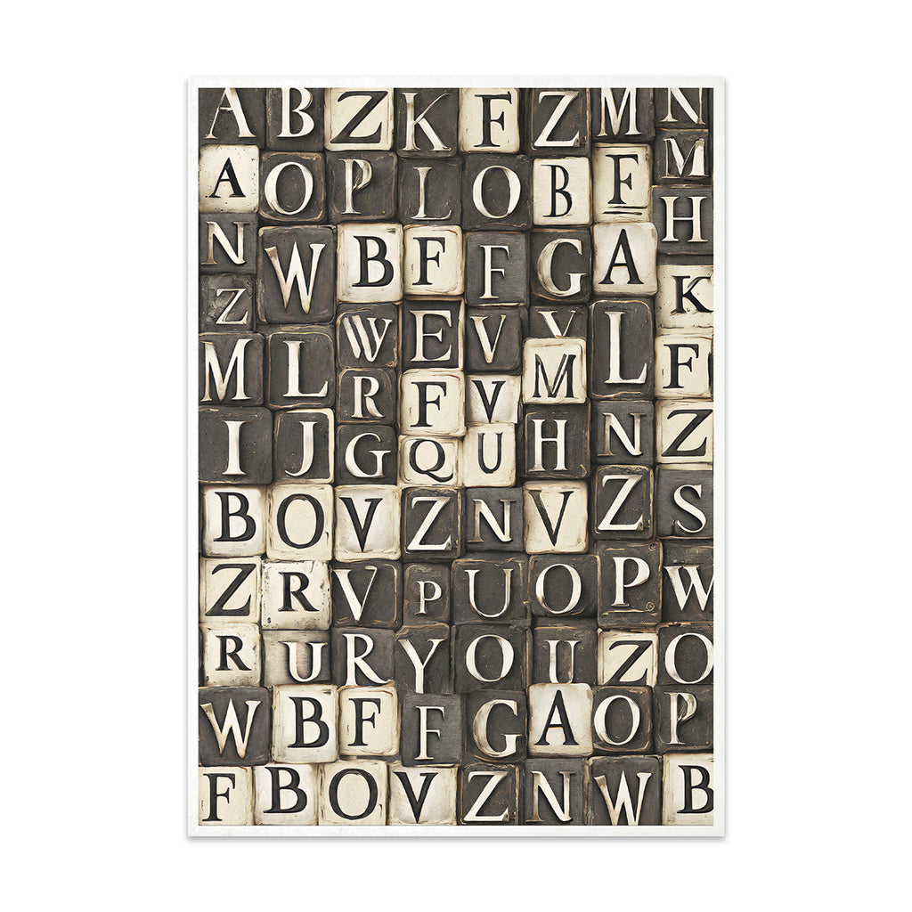 Black and White alphabet letters in small squares on Decoupage Rice Paper.