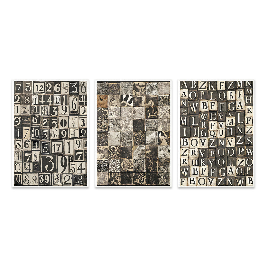 Black and White alphabet letters in small squares on Decoupage Rice Paper.