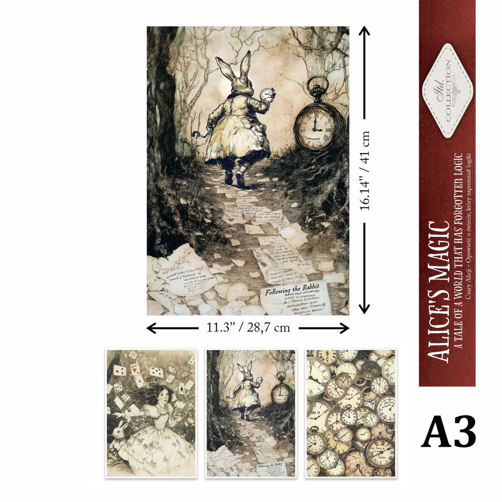 Alice in Wonderland decoupage paper featuring Alice, Rabbit and Clock in Forest.