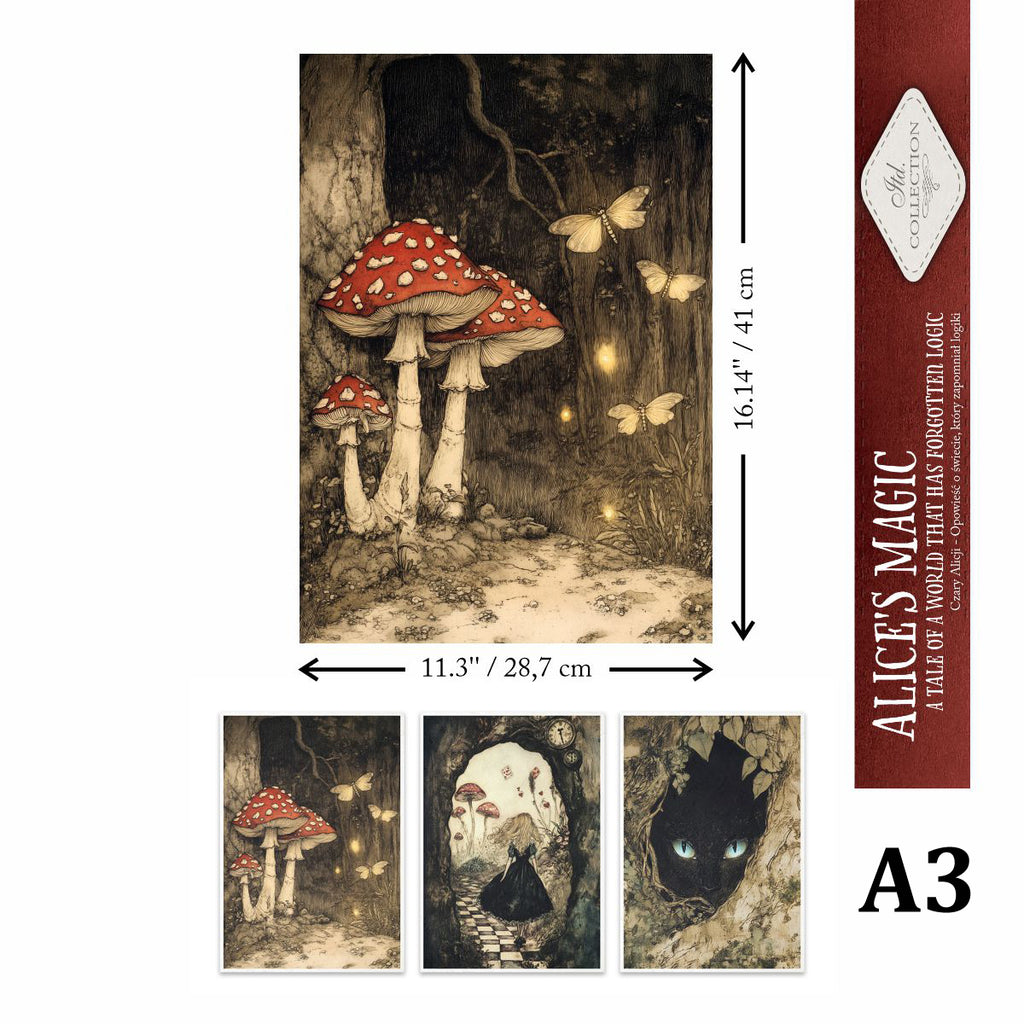 Framed artwork of mushrooms and butterflies with dimensions and brand information.