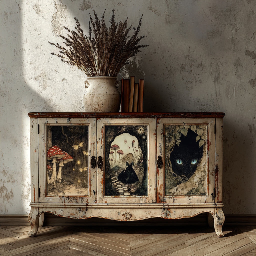 Vintage cabinet with artistic door panels against a textured wall.