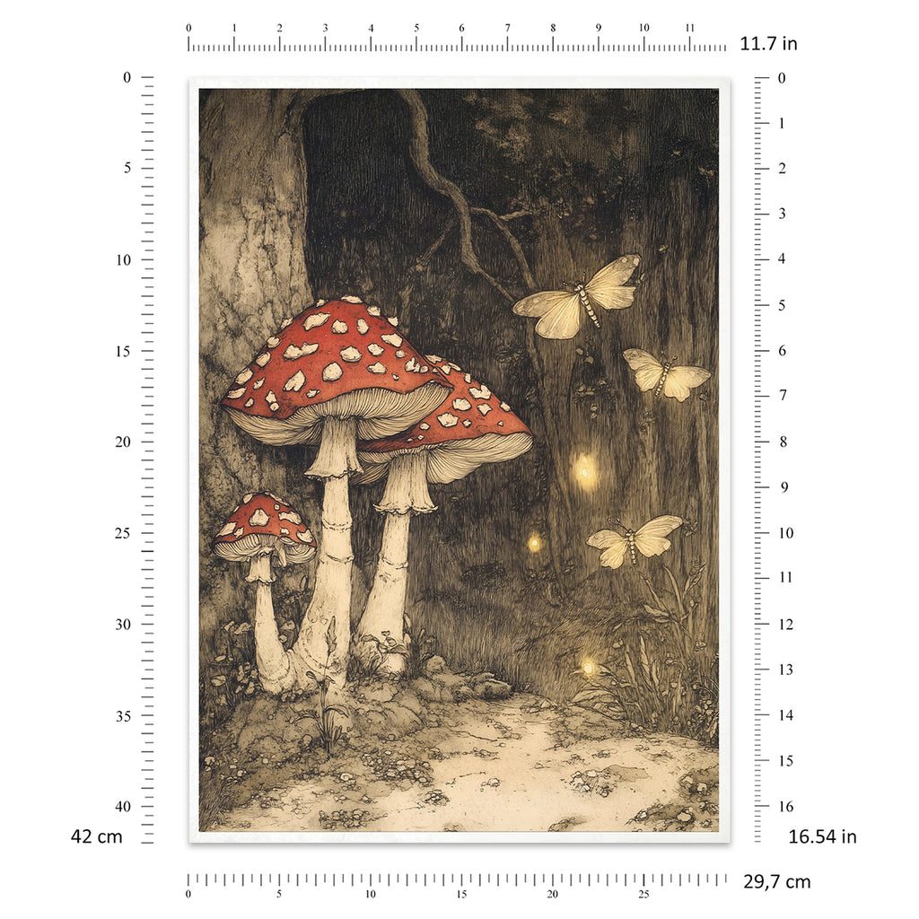 Illustration of mushrooms and butterflies in a forest with measurement scale on the side.
