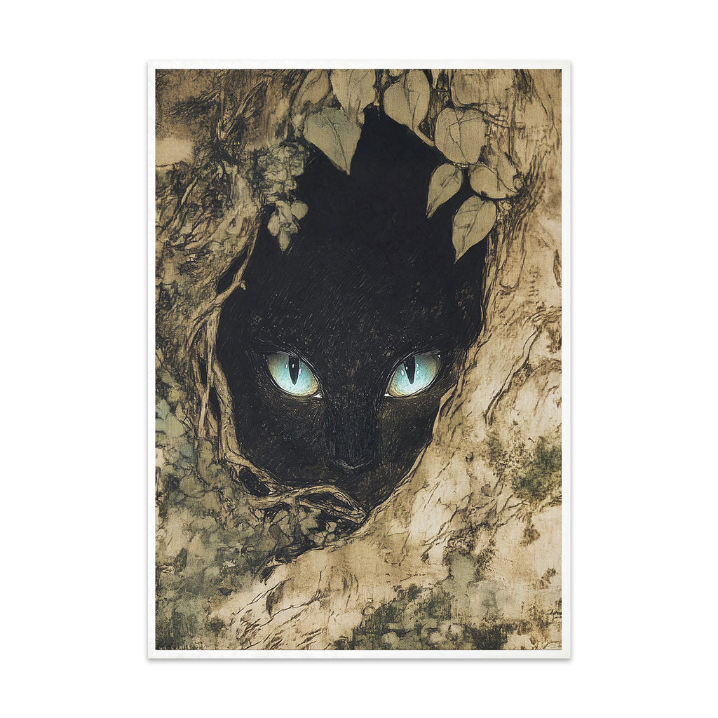 Black cat with green eyes peering out from behind a textured wall with leaves
