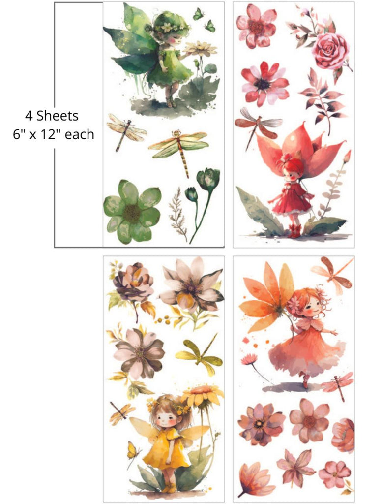 Green red yellow and orange fairies and flowers by Belles and Whistles Rub on Transfer Decal