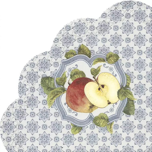 Apple fruit and blue florals. Round paper napkin for decoupage.