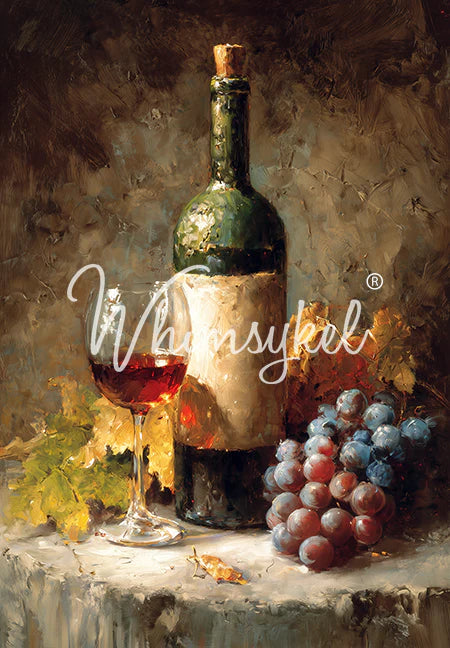Still life painting of a wine bottle, glass, and grapes with 'Whimsical' branding.