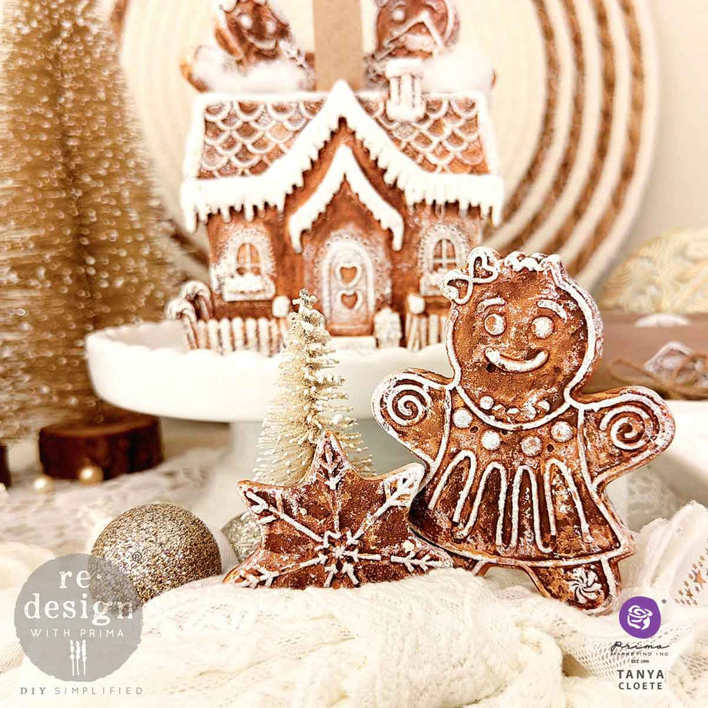 Redesign with Prima Festive Gingerbread Treats mold with 5 figures; star tree gingerbread dolls and house.