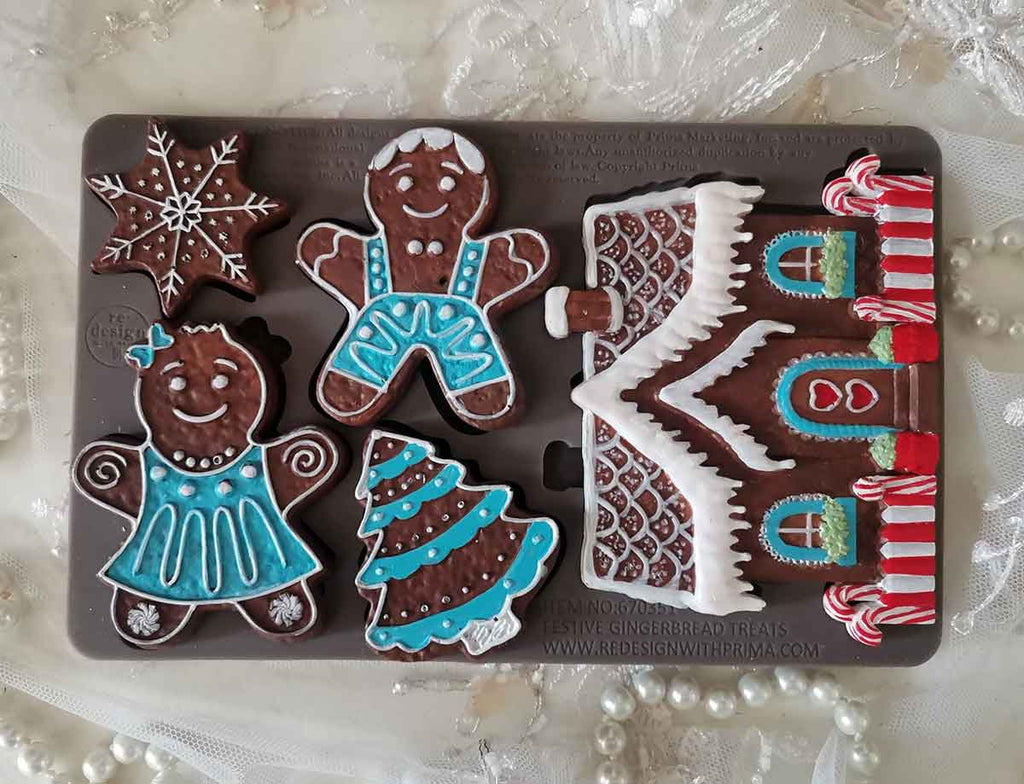 Redesign with Prima Festive Gingerbread Treats mold with 5 figures; star tree gingerbread dolls and house.