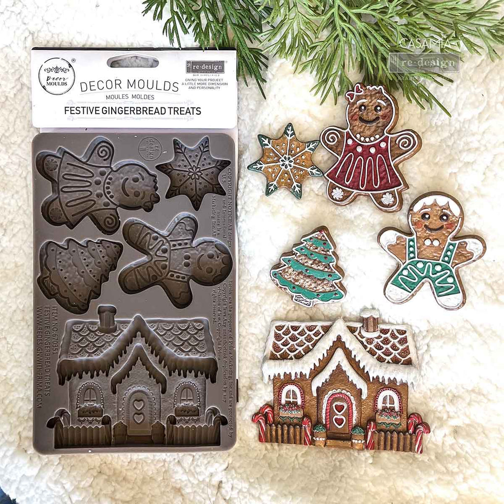 Redesign with Prima Festive Gingerbread Treats mold with 5 figures; star tree gingerbread dolls and house.