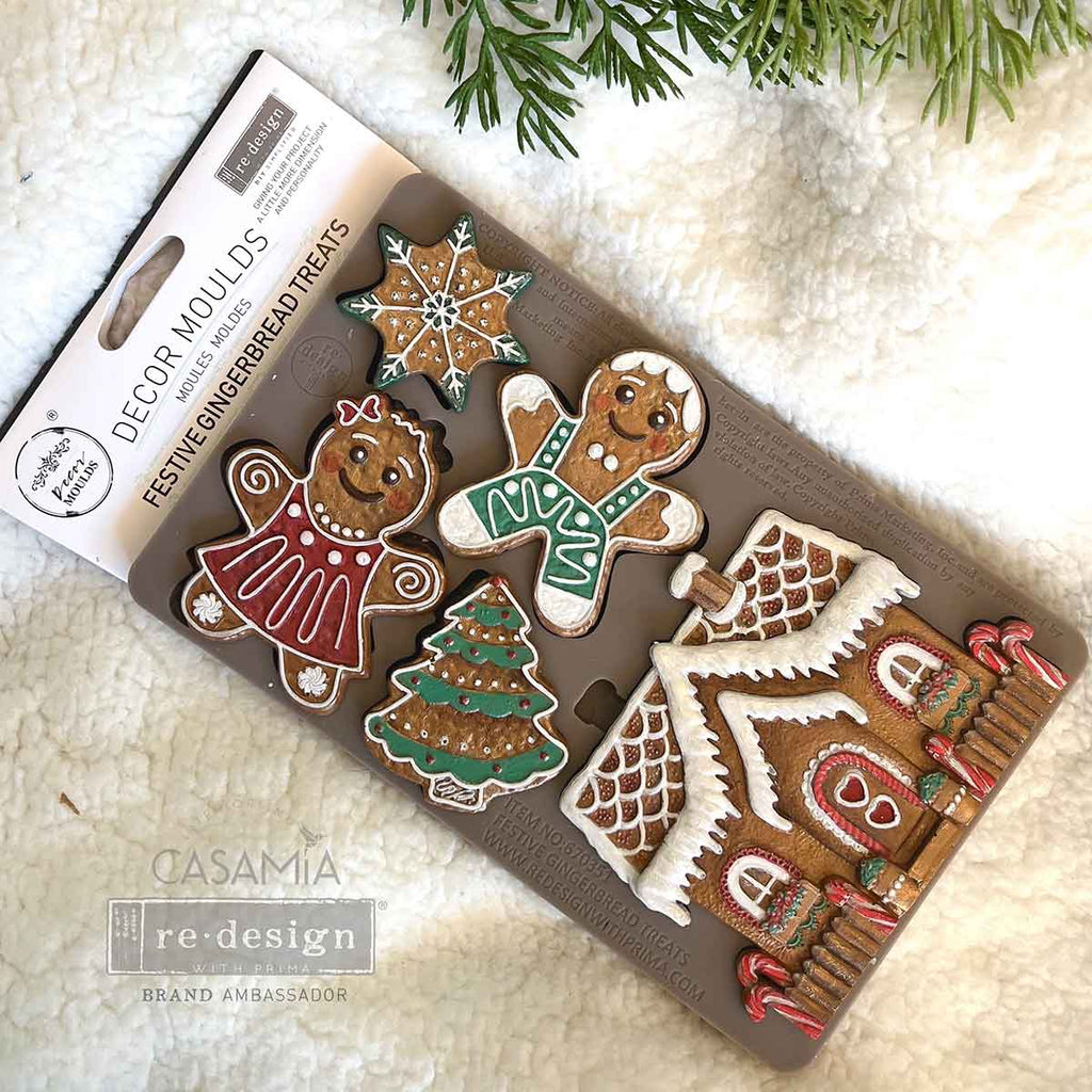 Redesign with Prima Festive Gingerbread Treats mold with 5 figures; star tree gingerbread dolls and house.