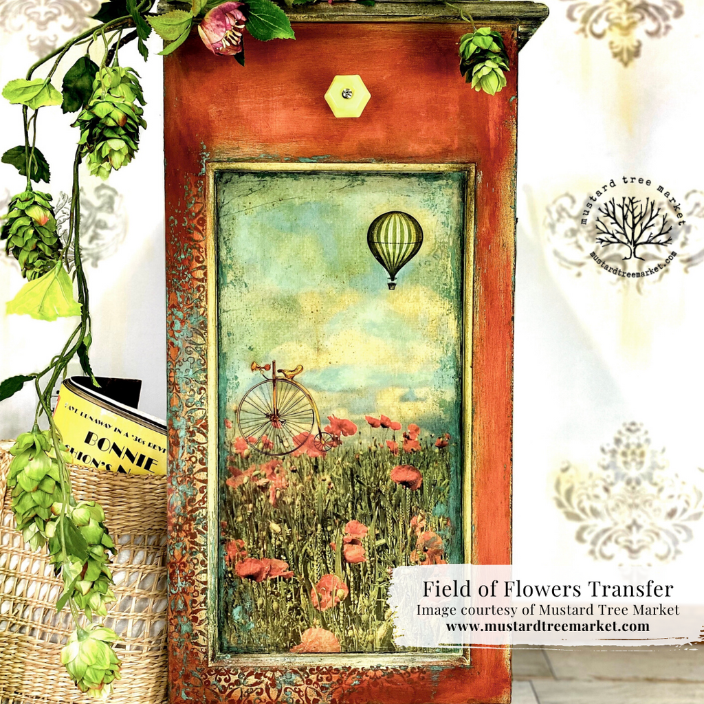 Red Poppies in greenery with blue sky and clouds by Belles and Whistles Rub on Transfer Decal