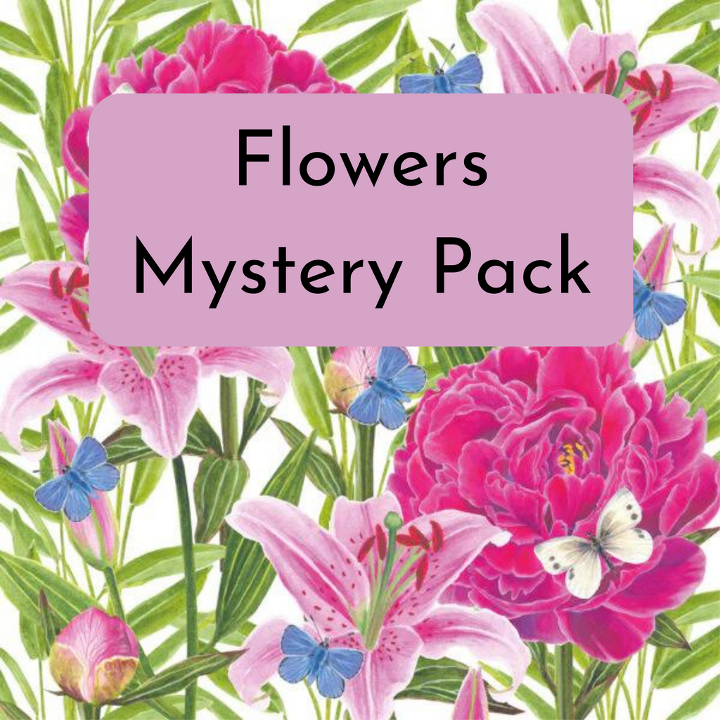Pink flowers and blue butterflies pattern. Flower themed Mystery Variety Surprise Decoupage Napkin Pack 10/Pkg.