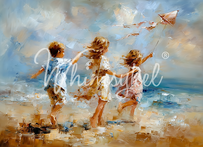 Children running with kites on a beach, artistic painting style