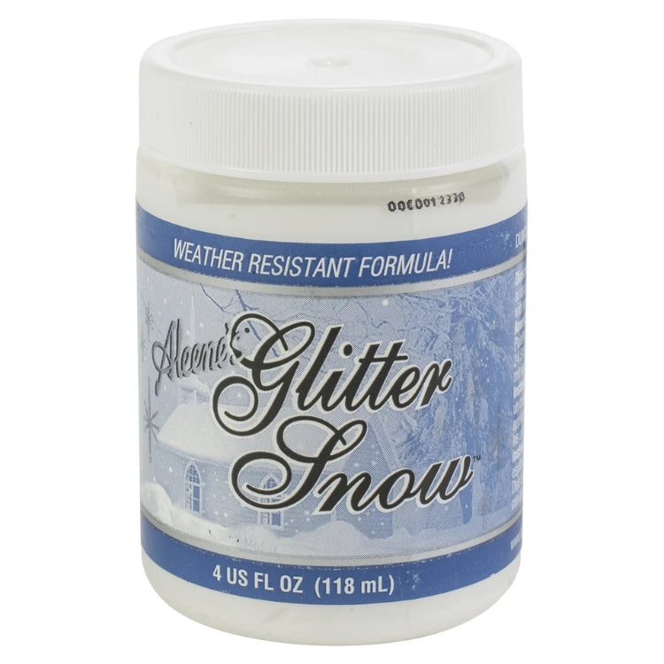 Jar of Aleene's Glitter Snow with blue label on a white background