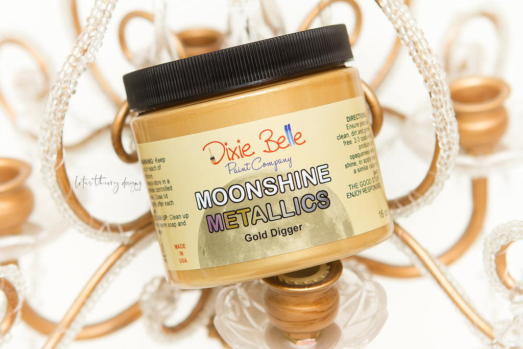 jar of Dixie Belle Moonshine Metallics paint in the color Gold Digger