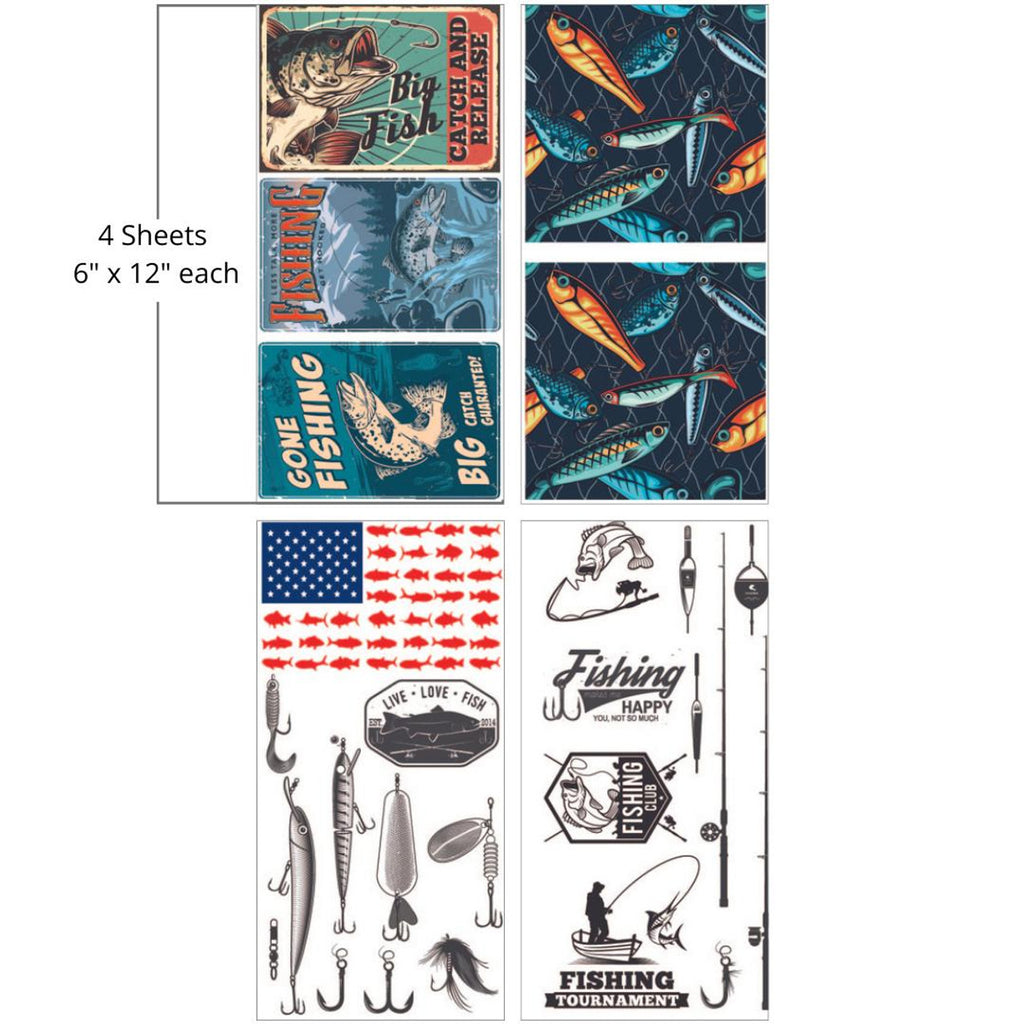 Vintage fishing posters lures and fishing icons by Belles and Whistles Rub on Transfer Decal