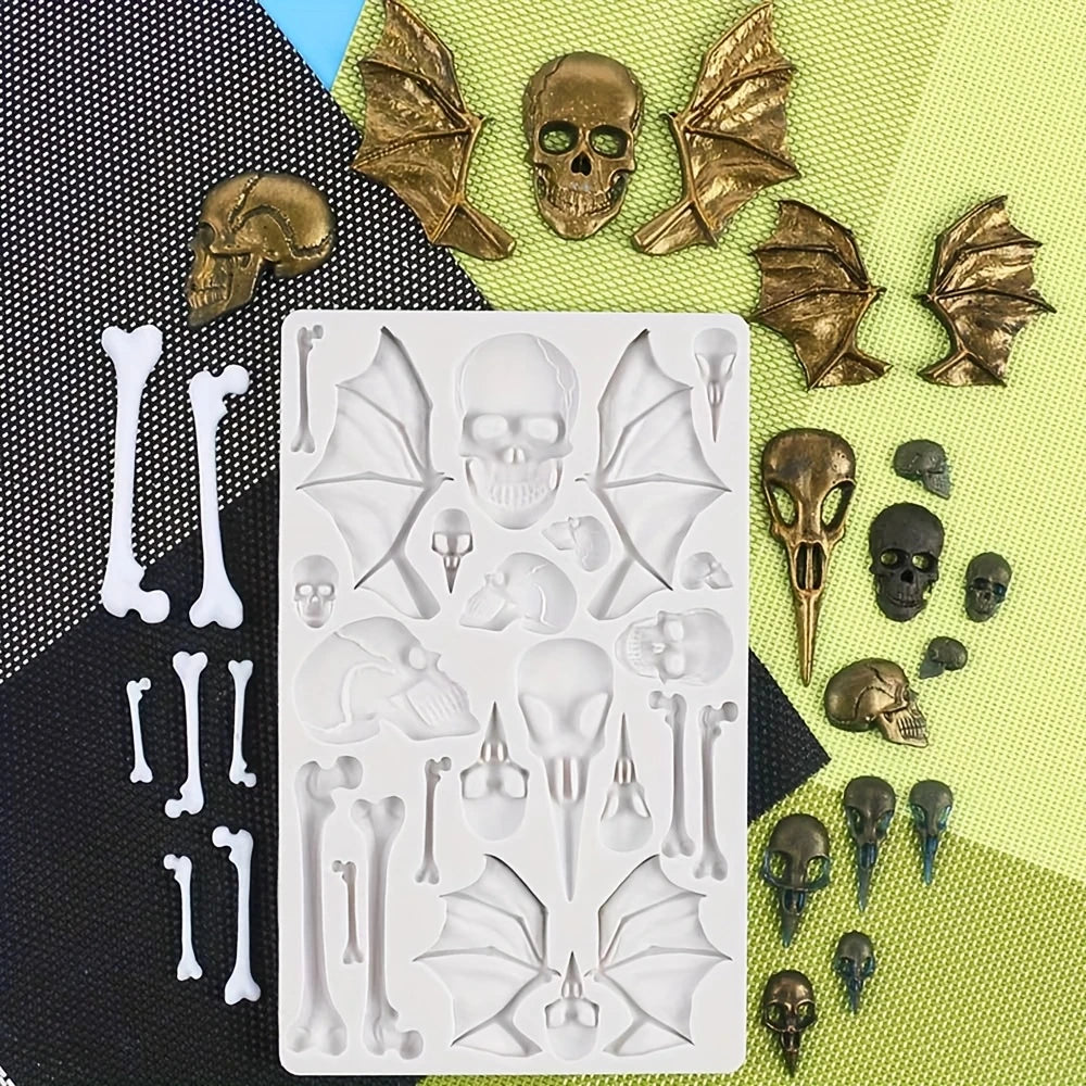 Halloween Skeleton, bones and bat wings silicone mold