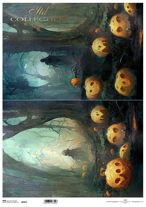 Two scenes Halloween forest with orange jack-o-lanterns. ITD Collection Rice Paper